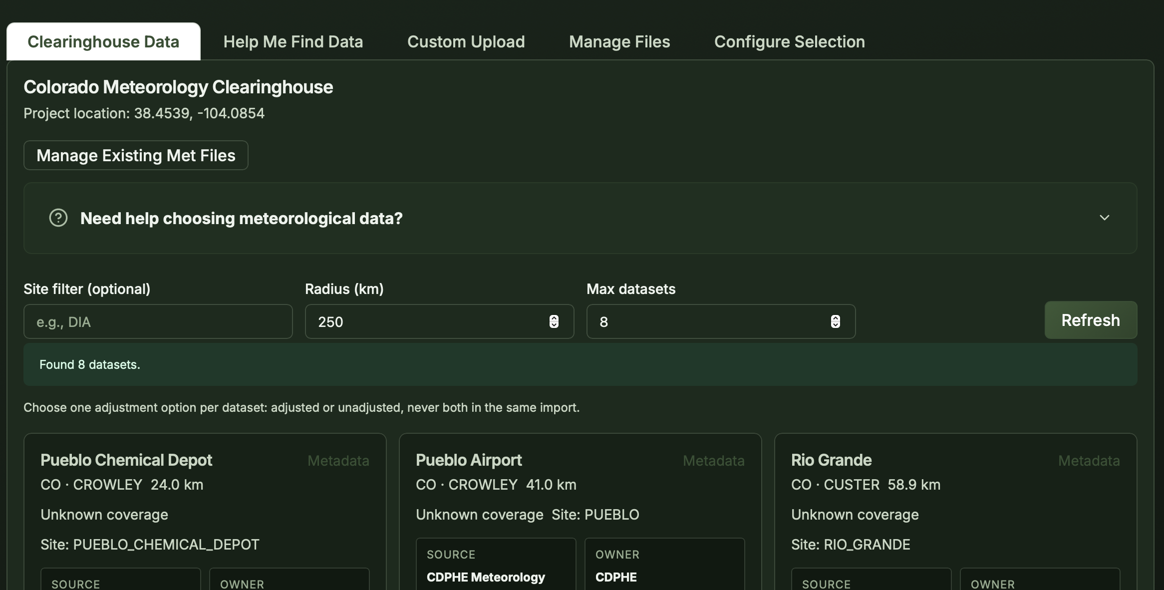Cumulus meteorology map showing available meteorology files.