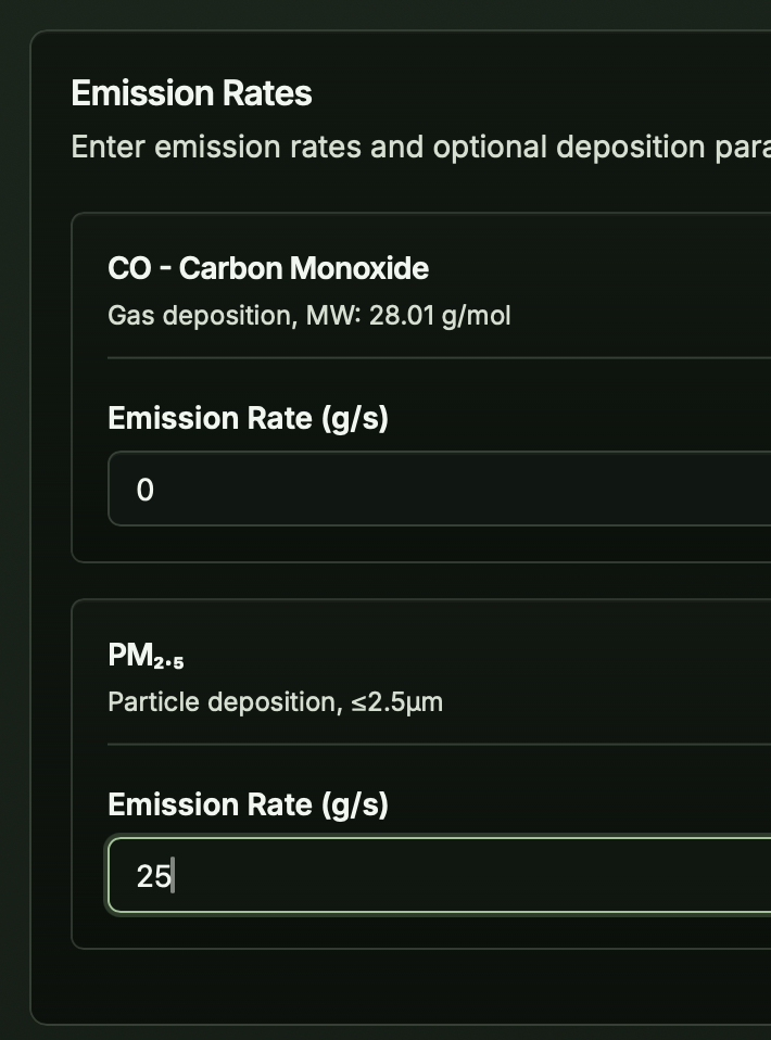 Cumulus screen showing sources and multiple pollutants configured together.